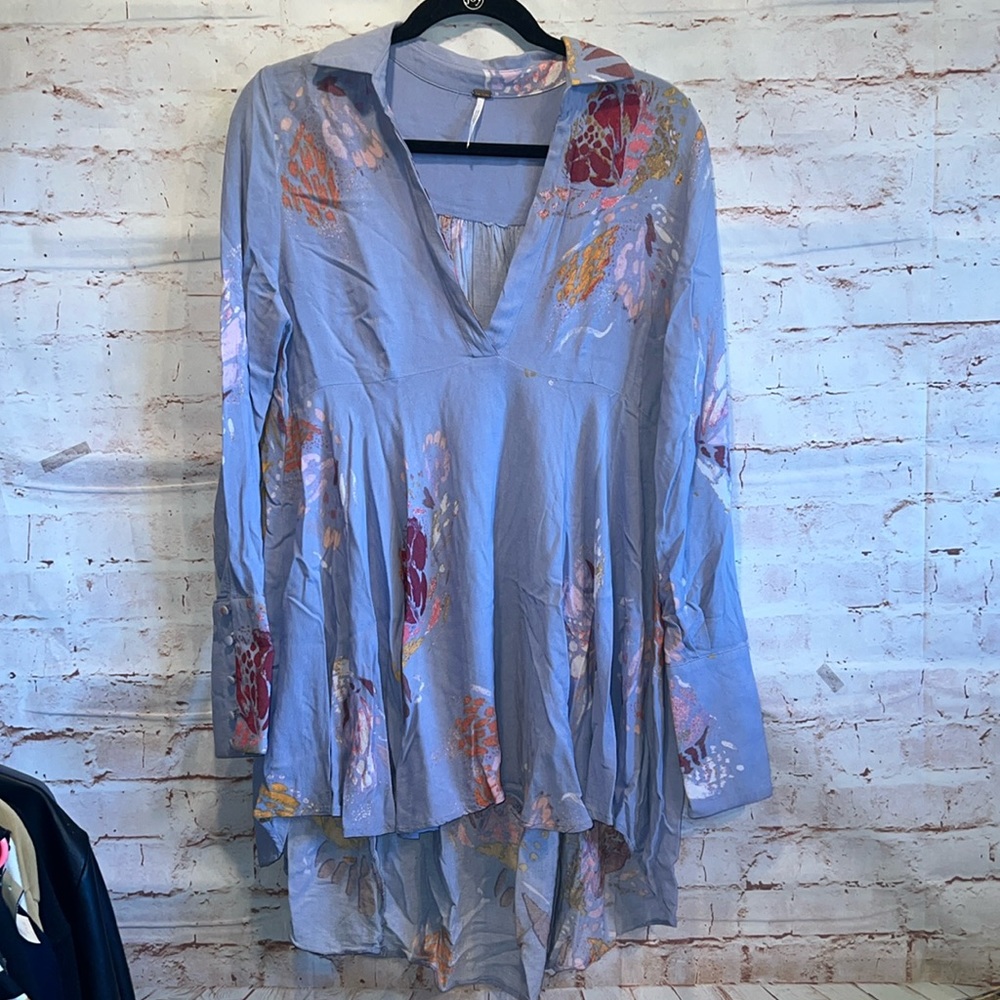 Free People Shirt Womens Small Blue Field Of Butterflies Tunic Long Sleeve